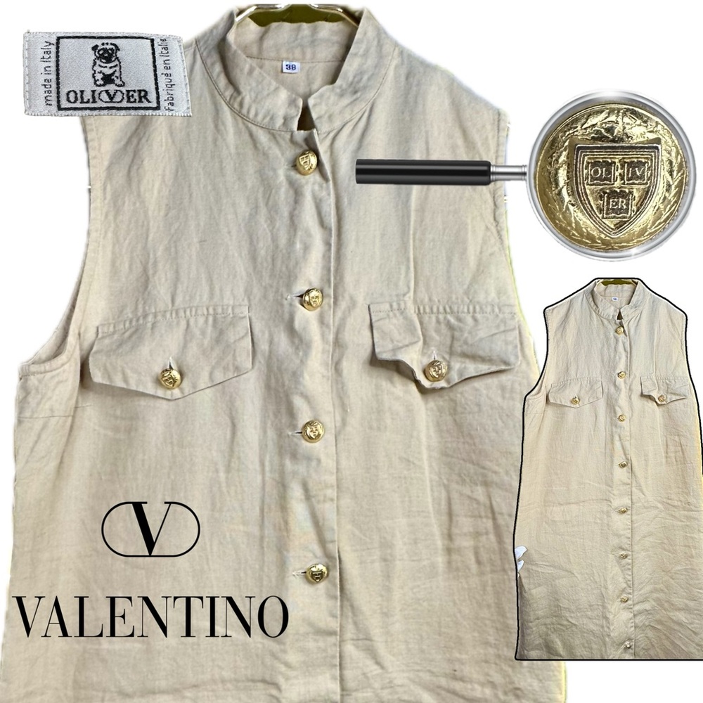 XS Oliver by Garavani Valentino 100% Linen Dress with Gold Embossed Buttons